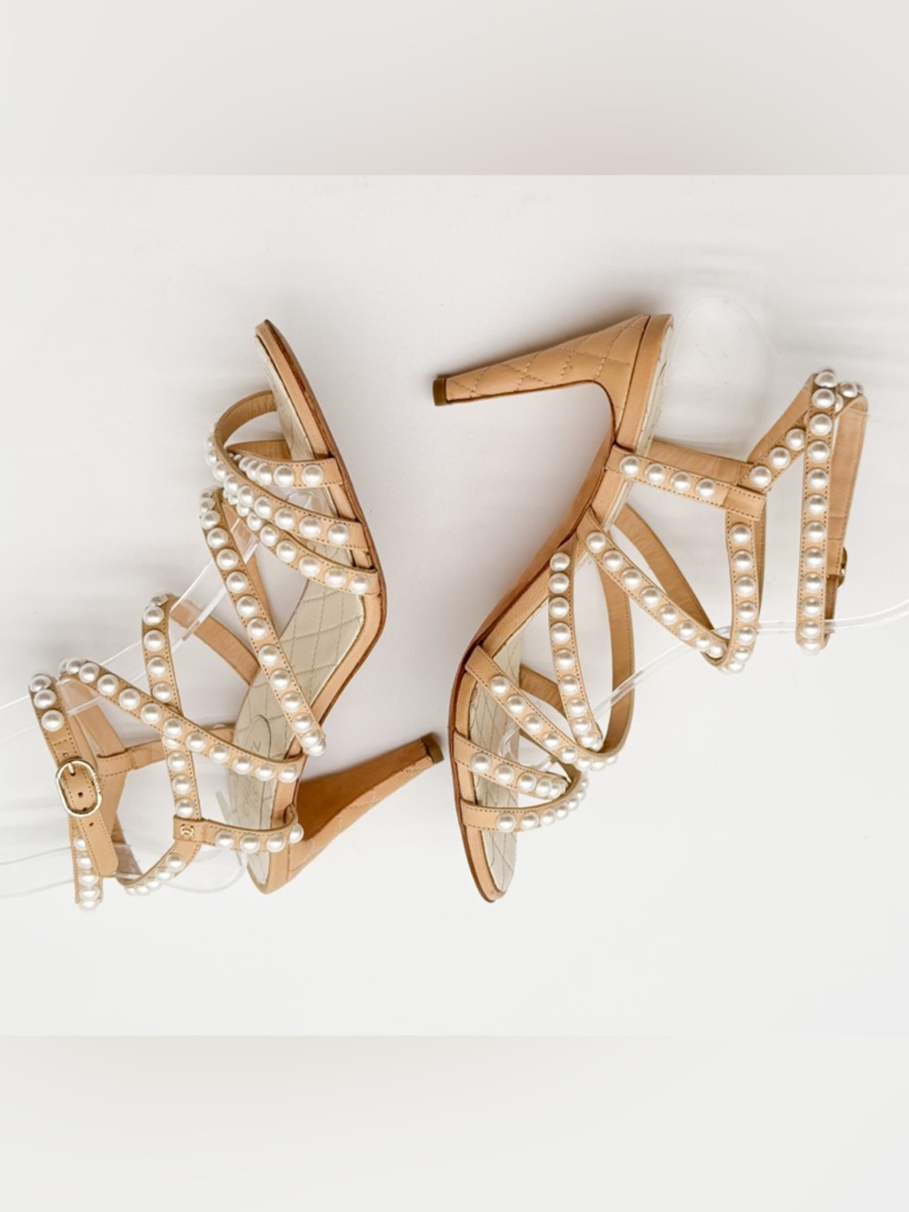 Chanel Beige Quilted Leather Pearl Embellished Ankle Strap Sandals Heels EU 37.5 - Picture 7 of 16